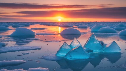 Breathtaking winter view of a frozen lake at sunrise - Snowy ice ridges with crystal clear blue ice