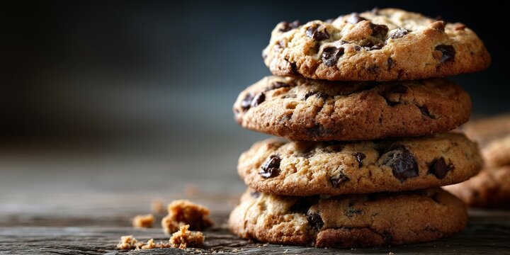 Freshly baked chocolate chip cookies stacked on rustic wooden surface