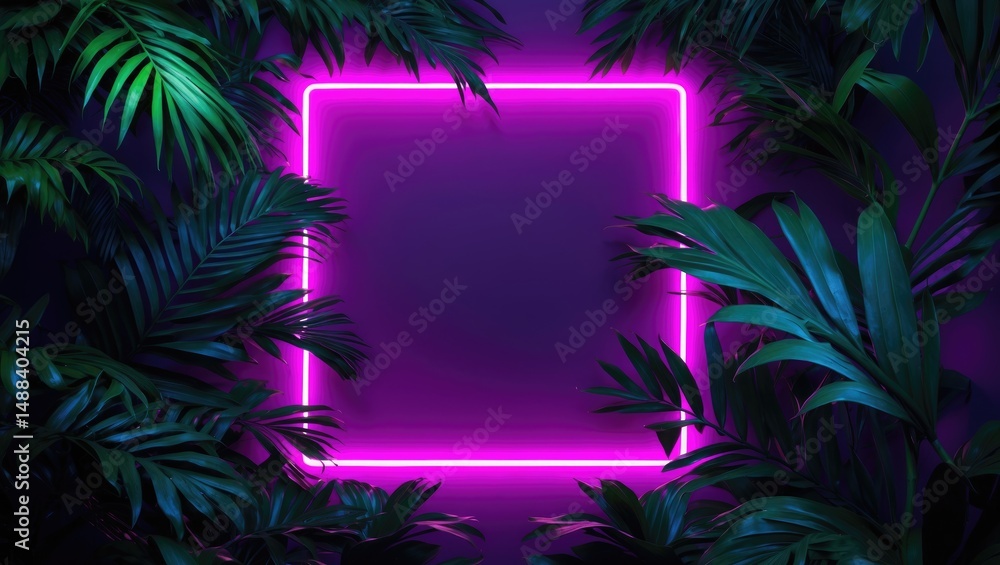 Poster neon square illuminating a palm leaf background