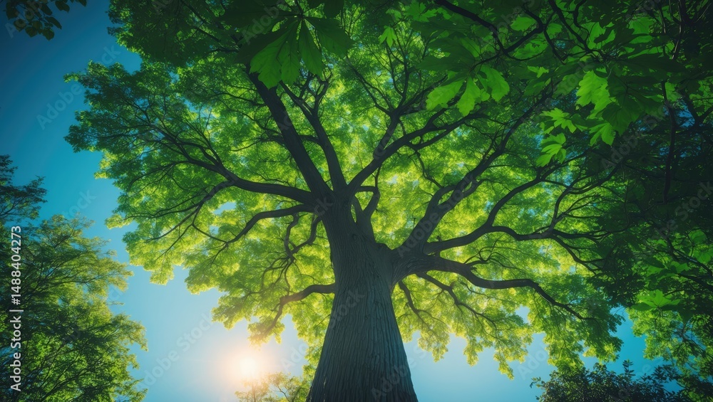 Poster viewing a grand tree with emerald leaves set against a blue sky and sunshine on a lovely natural lan