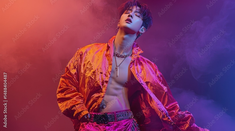 Poster a man in a colorful jacket and pants, standing in front of a colorful background with smoke.