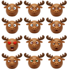 Moose faces with various expressions on transparent background