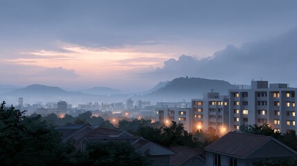 Serene Cityscape at Dawn with Mysterious Clouds and Mountain Backdrop