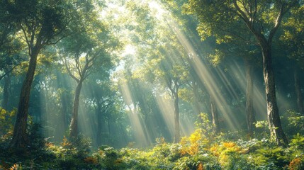 Obraz premium Sunlight streams through a lush forest