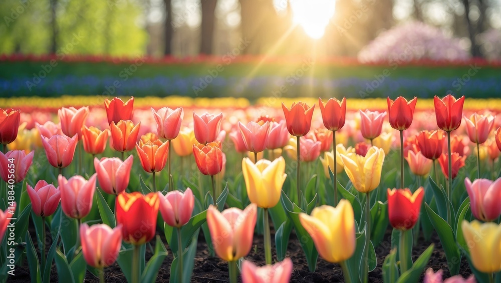 Poster tulip flowers in a spring field at dawn