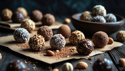 Assortment of sweet homemade pralines on a wooden backdrop