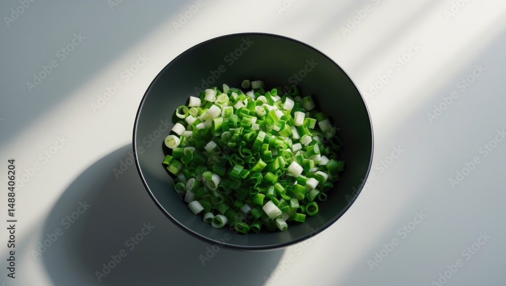 Poster spring onions chopped and served in a bowl on a solid background