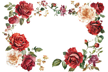 Frame bouquet of red roses on white or transparent background