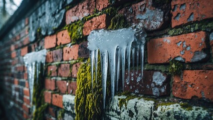 Macro image of a worn brick wall adorned with moss and hanging icicles, illustrating weathering and the resilience of nature through frozen water formations