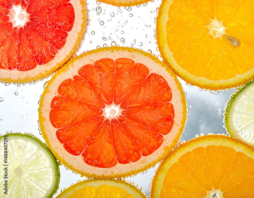 Poster vibrant citrus fruit slices submerged in sparkling water, creating a refreshing and visually appeali