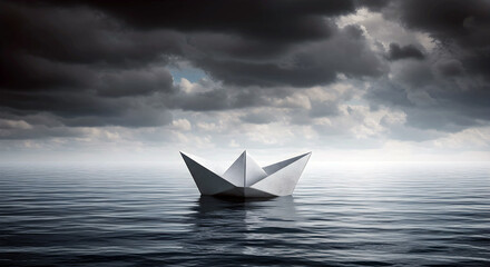 Obraz premium Paper Boat on Calm Ocean Hope Amidst Stormy Skies-World Oceans Day.