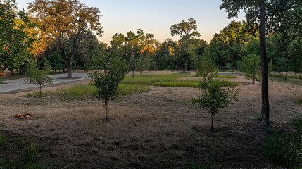 Park pathway landscaping sunrise