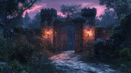 Mystical stone gate at twilight