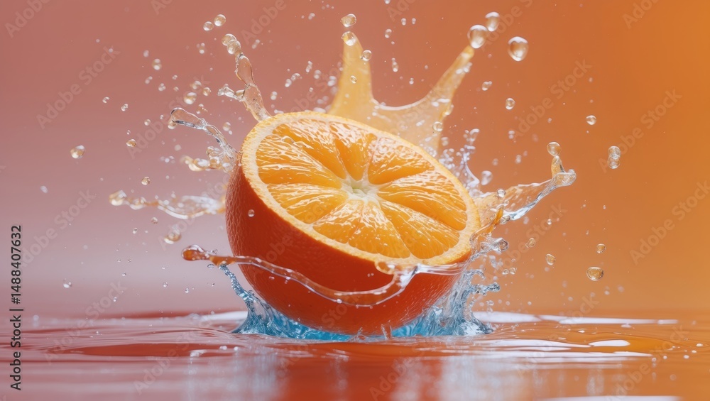 Poster sliced orange piece falling on background with juice splash and empty space