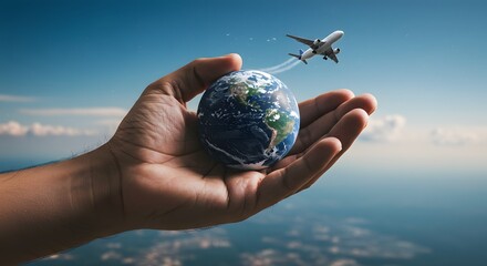 Hand holding earth with airplane in flight