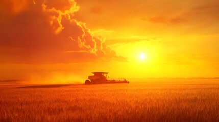 Fototapeta premium Golden wheat fields being harvested by a combine under a setting sun