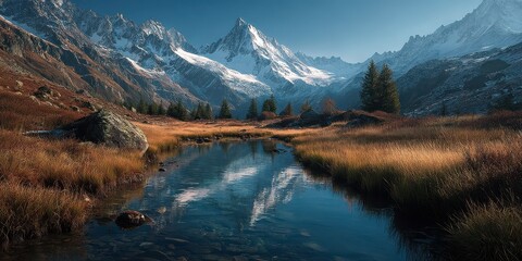 Majestic mountain landscape with tranquil river reflecting snow-capped peaks during golden hour in a serene valley