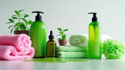 Organic herbal bath products and spa cosmetics for hair and skin care: green liquid soap, essential oil, shampoo, pink sponge, rolled cotton towel.