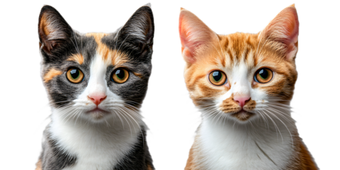 Funny face of two calico cats looking at camera, isolated on white or transparent background