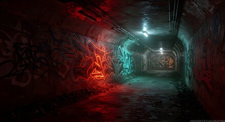 Mysterious Underground Tunnel with Neon Graffiti and Colorful Lights in Atmospheric Darkness