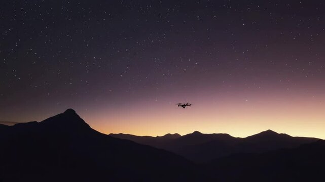 Silhouetted drone flying past a mountain range under a dark sky filled with stars, showcasing night-time wilderness exploration with peaceful and mysterious vibes