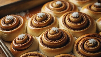 Fototapeta premium Close-up view of homemade cinnamon rolls twisted with nib sugar and cardamom.