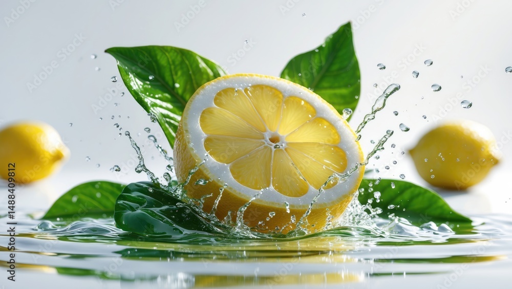 Poster slice of lemon with splash, set against a background