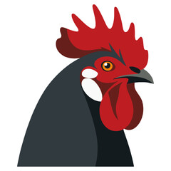 A stylized vector illustration of a rooster's head shown in profile view. The image features bold colors, clean shapes and a modern flat design, making it ideal for agricultural, farm, or animal-theme