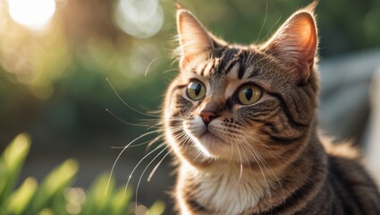 Obraz premium adorable striped cat grinning, focused gaze, outside, indistinct backdrop