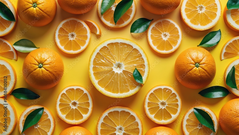 Poster juicy whole and sliced oranges displayed on a bright backdrop, creating a fruit pattern for a summer