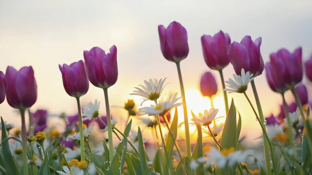 Aerial view of a tulip field with bright pink and white flowers in full bloom under soft spring light, showing the beauty of seasonal blossoms in a colorful landscape
