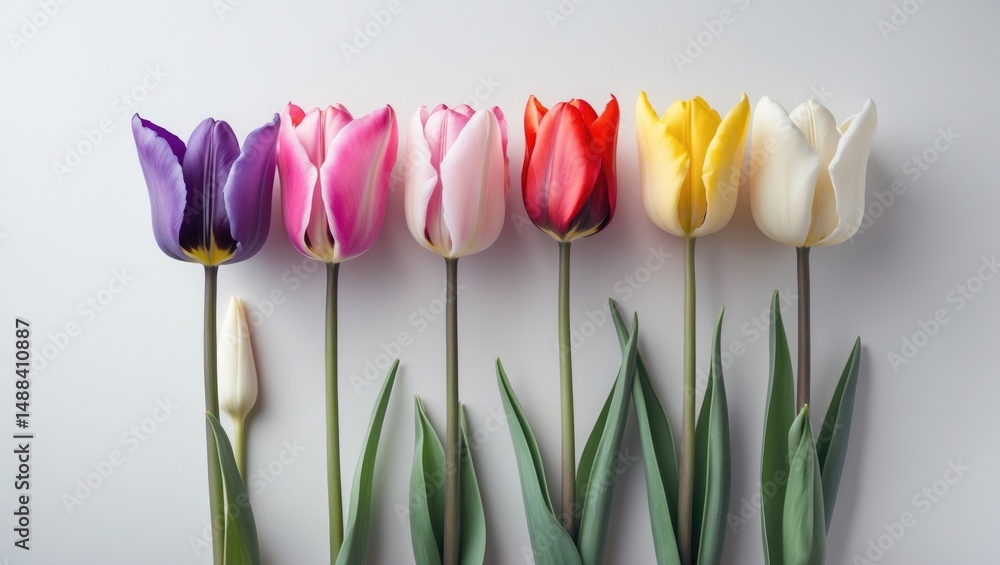 Poster seven assorted color tulips on a plain background