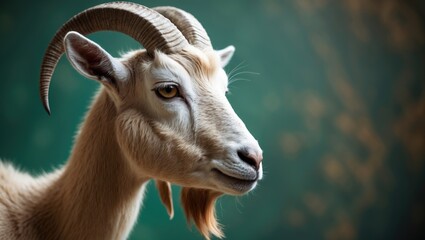 A detailed side view of a male goat featuring gently curved horns and a short beard, gazing downward against a green backdrop, with a softly blurred background.