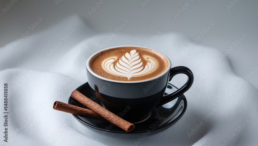 Poster closeup of a hot latte with latte art and cinnamon sticks, set against a background with clipping pa