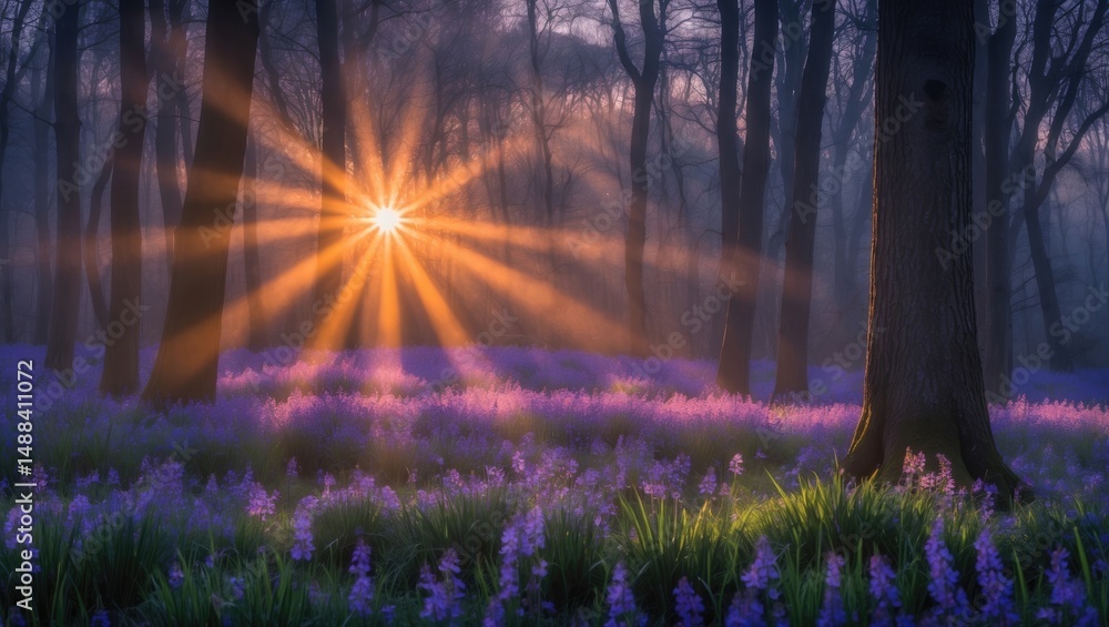 Aufkleber morning light filtering through bluebell woods and trees with sunrays and wildflowers in spring in b