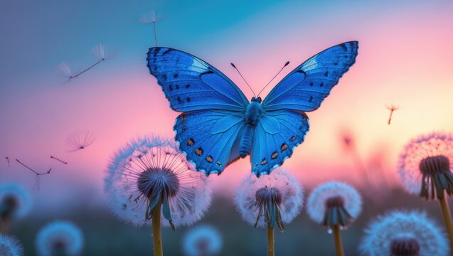 Fototapeta Delicate pastel scenery. Morpho butterfly alongside a dandelion. Dewy seeds from a dandelion flower in soft focus.