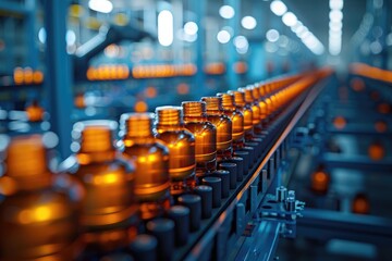 Fototapeta premium Drug manufacturing process. Line with medical ampoules line at a modern pharmaceutical plant. Pharmacology production
