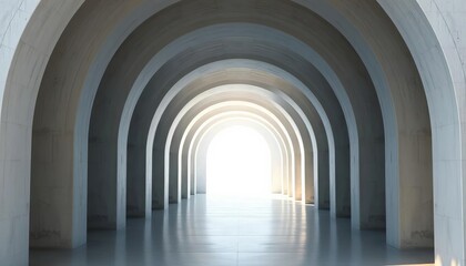 Modern white concrete archway, perspective view, semicircular forms, bright light at the end, light, composition