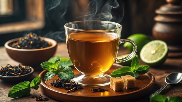 Tea served in a glass cup with mint, dried leaves, lime slices, and brown sugar