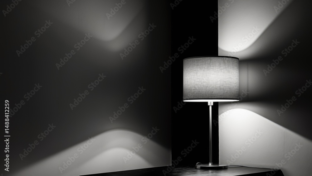 Aufkleber desk lamp casting warm light in a shadowy room depicted in black and white, allowing for text additi