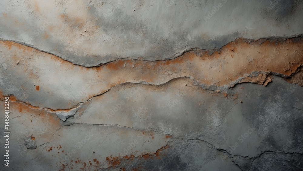 Poster distressed concrete wall with rough texture and rusty patches on gray background