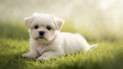 Adorable Maltese puppy lounging on the grass with a hazy backdrop and soft white fur.