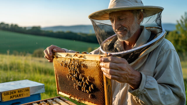 Senior beekeeper inspecting honeycomb frame at apiary