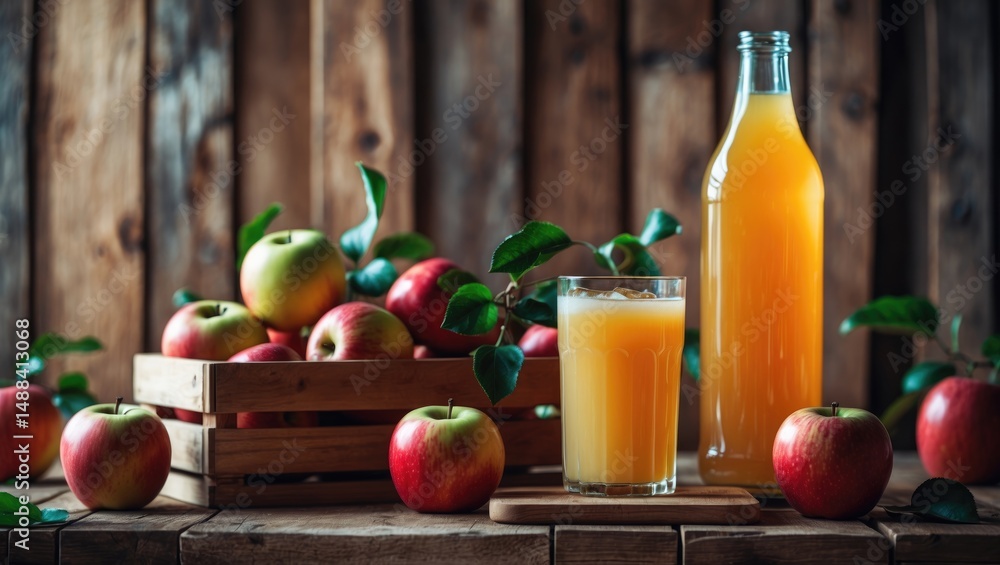 Aufkleber arrangement of fruits with a bottle and glass of refreshing apple cider in the backdrop