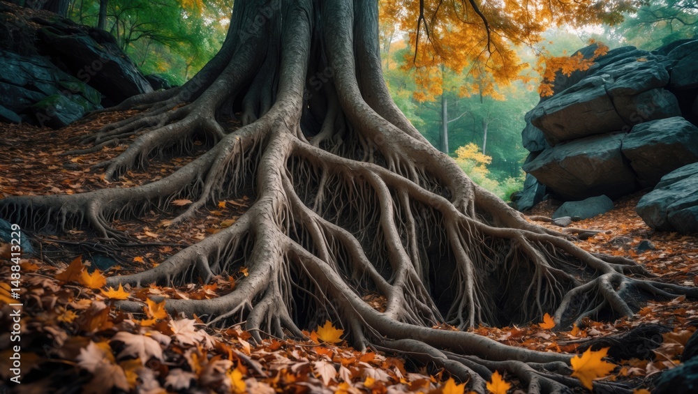 Poster autumn tree roots alongside fallen leaves and rocks in the background