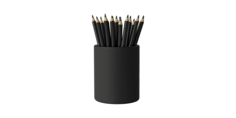 Black Pencils In Minimalist Holder. Creative Workspace Essentials Isolated On Transparent Background