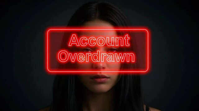 Portrait of a woman with a dramatic expression, illuminated by a glowing red sign about finances