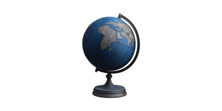 Vintage Blue Globe Stand. Educational Geography Tool And Decorative World Map Isolated On Transparent Background