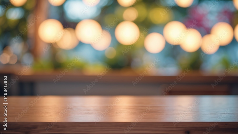Poster Wooden table setup with defocused background for product presentation