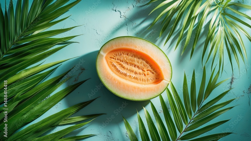 Poster freshly sliced melon atop plant leaves, set against a blue rustic backdrop with space for text flat 